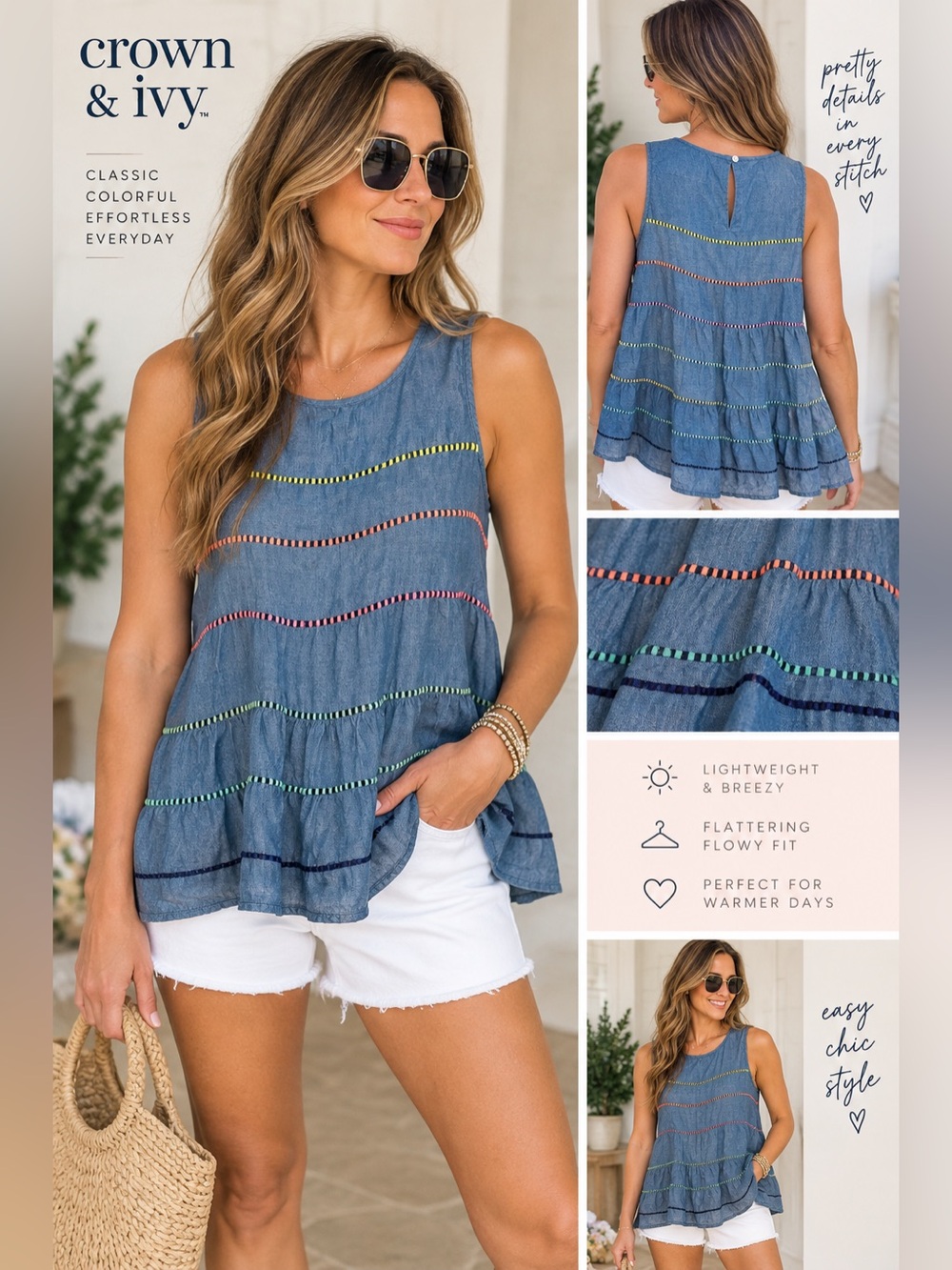 Crown & Ivy Chambray Tiered Ruffle Top XL Multicolor Stitch Boho